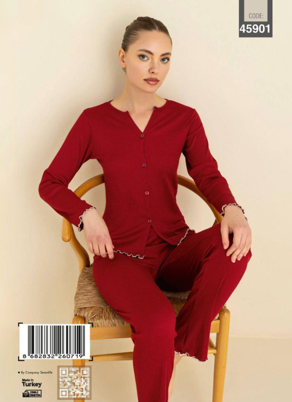 Women’s Button-Front Pajama Set with Boat Neck and Long Sleeves (S+M+M+L+L+XL) CAGRI 45901 — direct Turkish factory supply