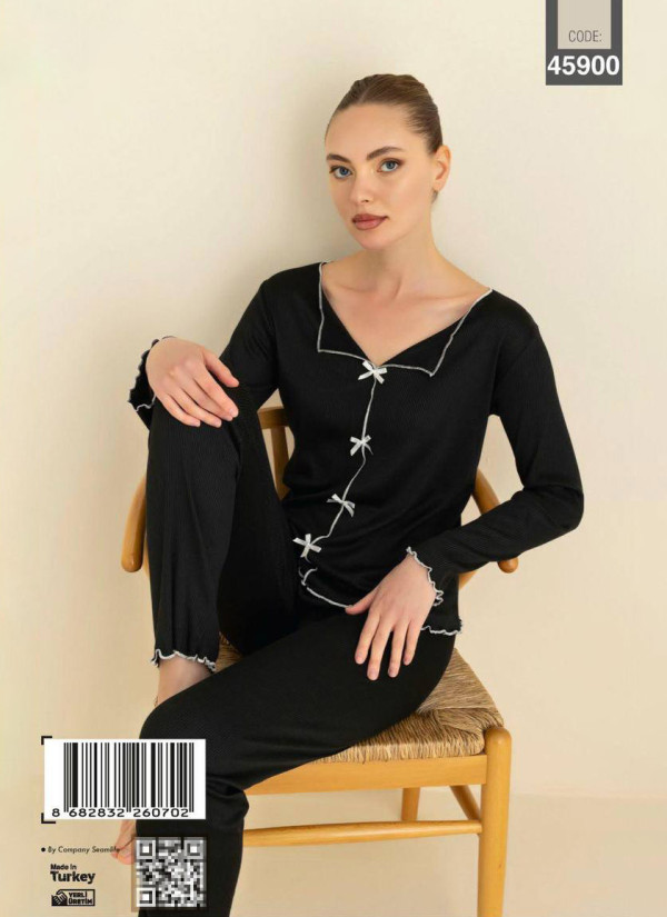 Women’s Boat-Neck Pajama Set with Bow Details and Long Sleeves (S+M+M+L+L+XL) ÇAĞRI 45900 Cagri 45900 — wholesale from Turkey