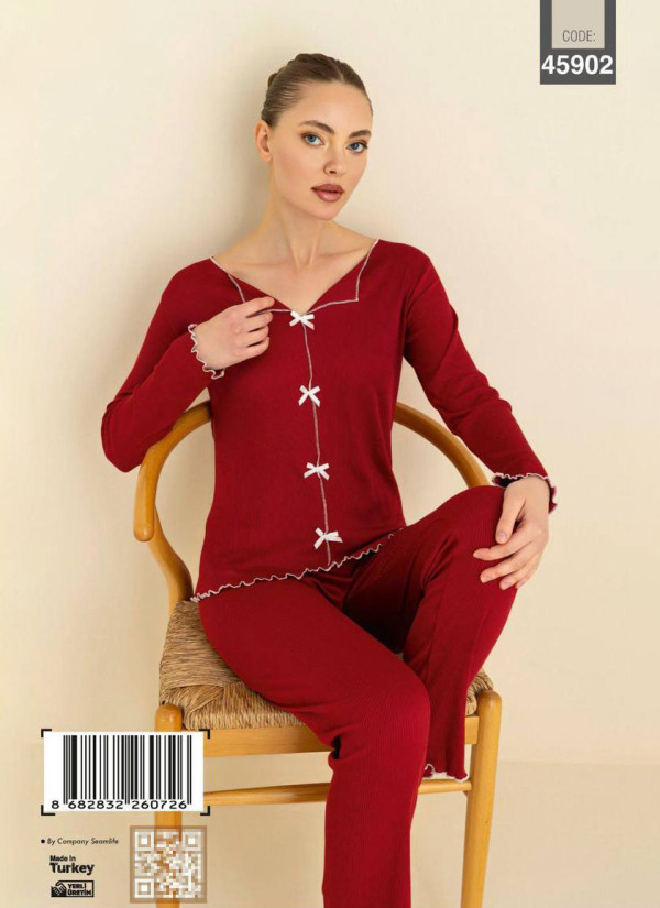 Women’s Boat-Neck Pajama Set with Bow Details and Long Sleeves (S+M+M+L+L+XL) ÇAĞRI 45902 Cagri 459 — factory-direct from Turkey