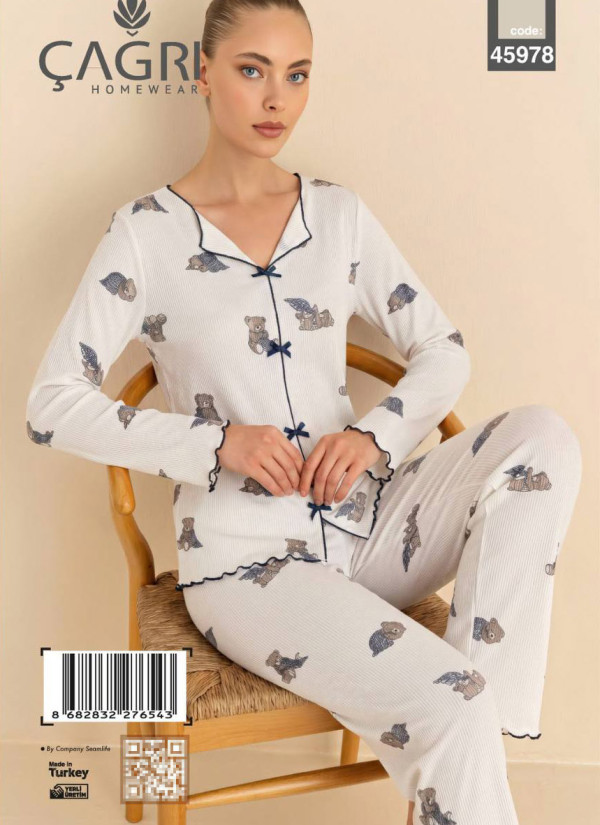 Women’s Boat-Neck Pajama Set with Bow Details and Long Sleeves (S+M+M+L+L+XL) ÇAĞRI 45978 Cagri — direct Turkish factory supply