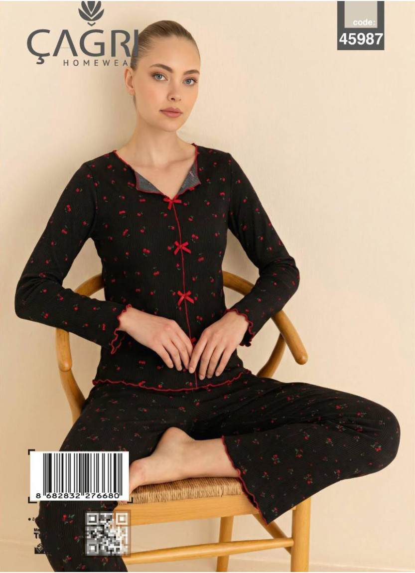 Women’s Boat-Neck Pajama Set with Bow Details and Long Sleeves (S+M+M+L+L+XL) ÇAĞRI 45987 Cagri 4598 — Turkish textile wholesale