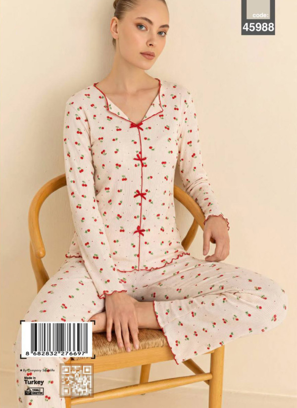 Women’s Boat-Neck Pajama Set with Bow Details and Long Sleeves (S+M+M+L+L+XL) ÇAĞRI 45988 Cagri — direct Turkish factory supply