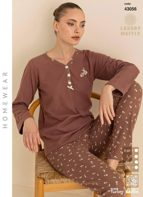 Women’s Waffle Pajama Set with Long Sleeves (SM+L+L+XL+XL+2XL) LUXURY WAFFLE SeamLife 43056 — direct Turkish factory supply