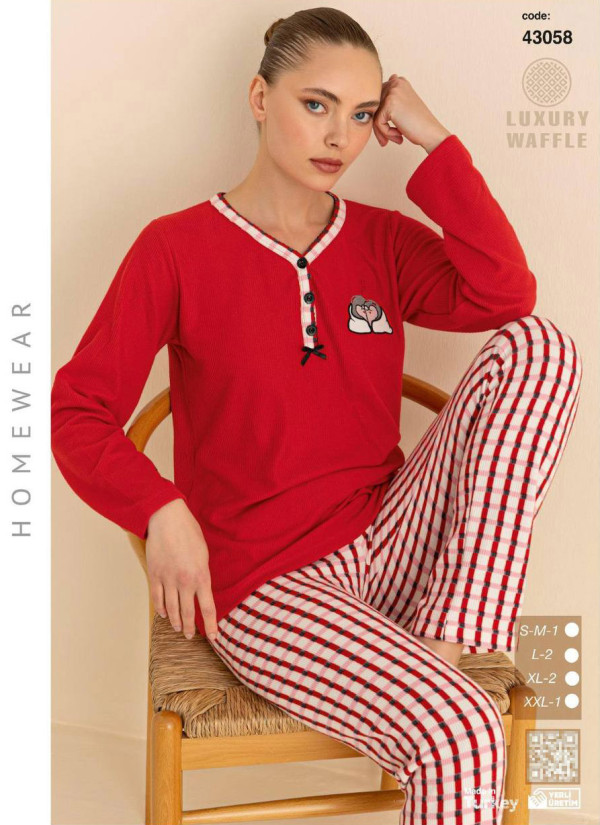 Женская Пижама из Вафельного Трикотажа с Длинным Рукавом (SM+L+L+XL+XL+2XL) WAFFLE SeamLife 43058 — купить оптом из Турции
