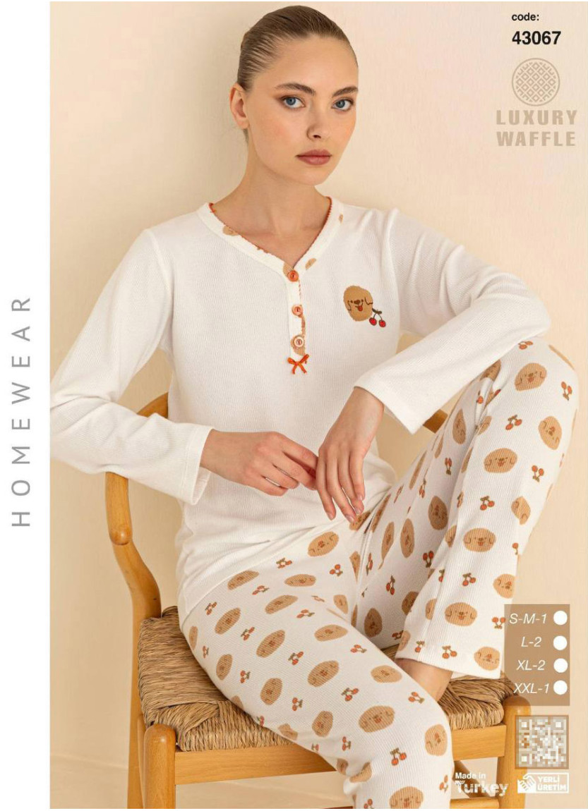 Женская Пижама из Вафельного Трикотажа с Длинным Рукавом (SM+L+L+XL+XL+2XL) WAFFLE SeamLife 43067 — оптовая поставка из Турции