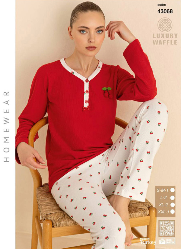 Women’s Waffle Pajama Set with Long Sleeves (SM+L+L+XL+XL+2XL) LUXURY WAFFLE SeamLife 43068 — Turkish textile wholesale