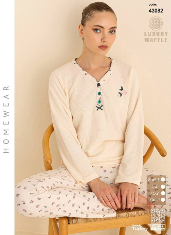 Women’s Waffle Pajama Set with Long Sleeves (SM+L+L+XL+XL+2XL) LUXURY WAFFLE SeamLife 43082 — direct Turkish factory supply