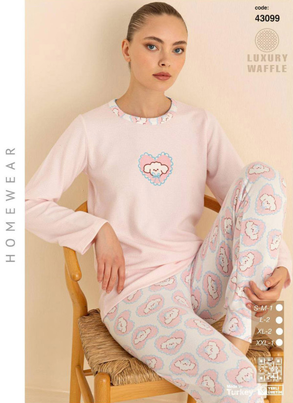 Women’s Waffle Pajama Set with Long Sleeves (SM+L+L+XL+XL+2XL) LUXURY WAFFLE SeamLife 43099 — Turkish textile wholesale