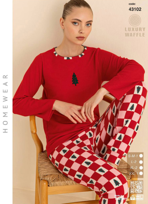 Women’s Waffle Pajama Set with Long Sleeves (SM+L+L+XL+XL+2XL) LUXURY WAFFLE SeamLife 43102 — factory-direct from Turkey