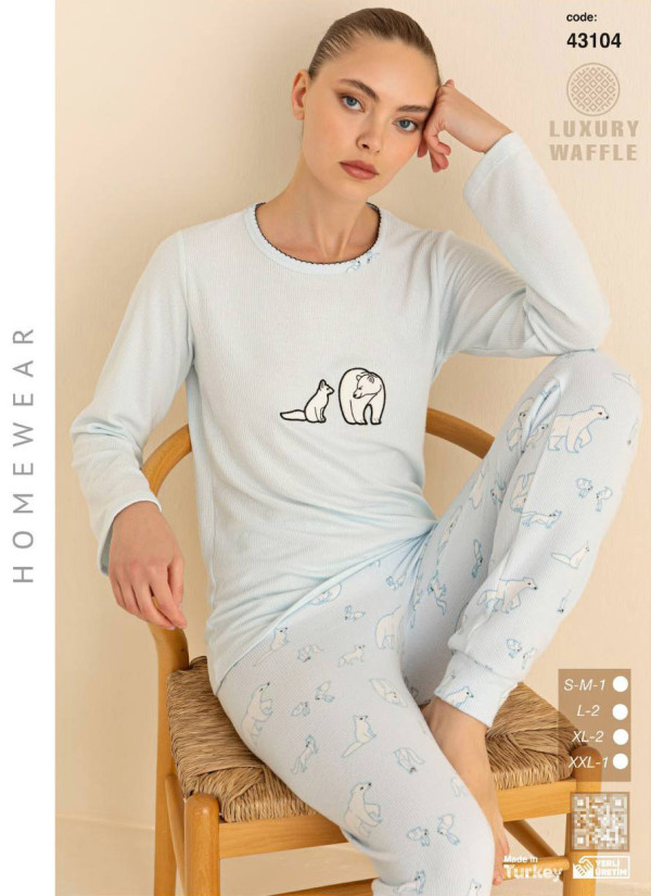 Женская Пижама из Вафельного Трикотажа с Длинным Рукавом (SM+L+L+XL+XL+2XL) WAFFLE SeamLife 43104 — турецкий текстиль оптом