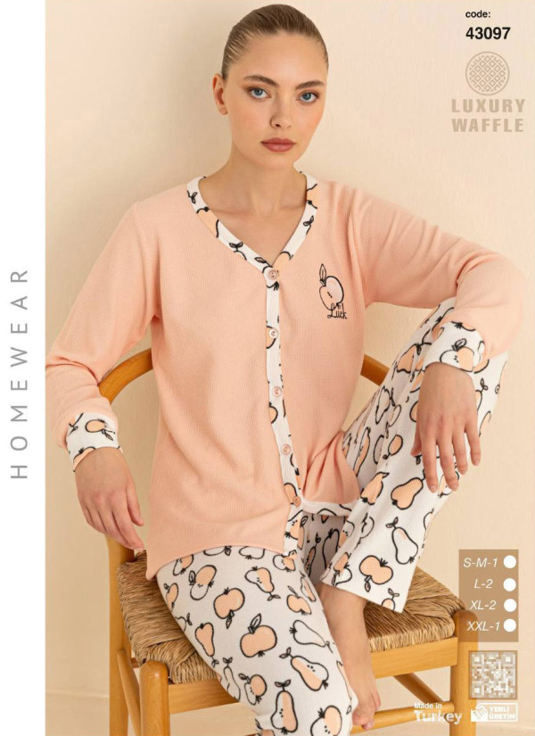 Women’s Waffle-Knit Button-Front Pajama Set with Long Sleeves (SM+L+L+XL+XL+2XL) LUXURY WAFFLE S — direct Turkish factory supply