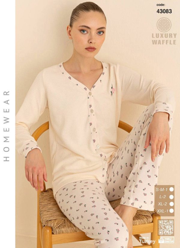 Women’s Waffle-Knit Button-Front Pajama Set with Long Sleeves (SM+L+L+XL+XL+2XL) LUXURY WAFFLE SeamLife — wholesale from Turkey