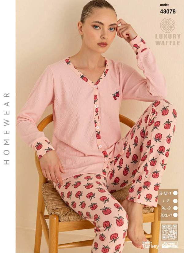 Women’s Waffle-Knit Button-Front Pajama Set with Long Sleeves (SM+L+L+XL+XL+2XL) LUXURY WAFFLE Seam — factory-direct from Turkey