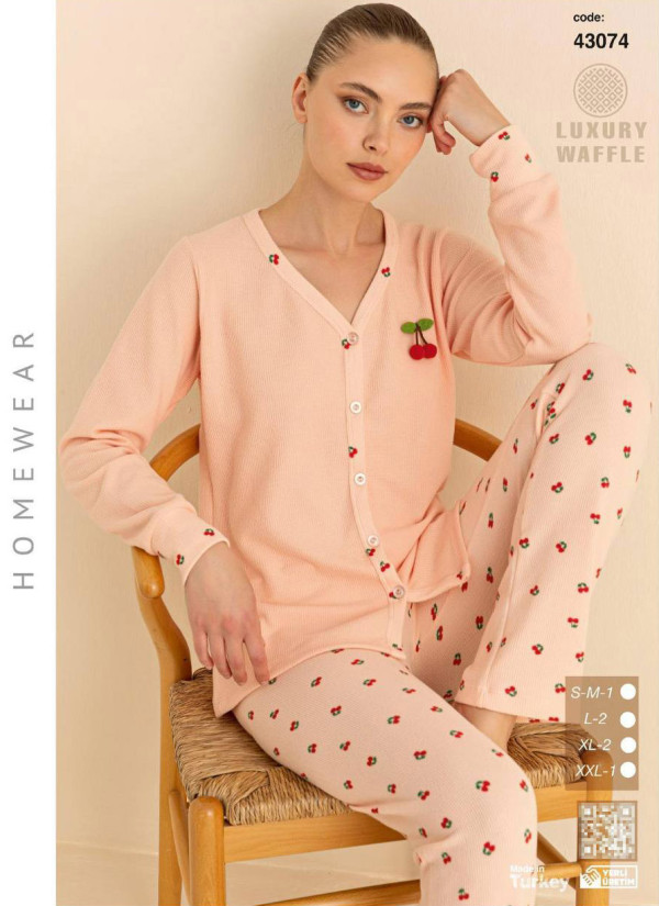Women’s Waffle-Knit Button-Front Pajama Set with Long Sleeves (SM+L+L+XL+XL+2XL) LUXURY WAFFLE SeamL — Turkish textile wholesale