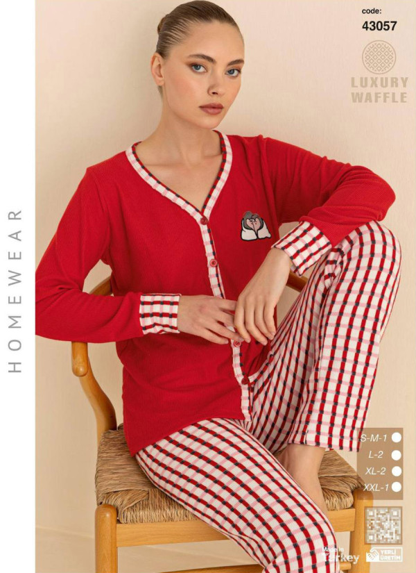 Women’s Waffle-Knit Button-Front Pajama Set with Long Sleeves (SM+L+L+XL+XL+2XL) LUXURY WAFFLE S — direct Turkish factory supply