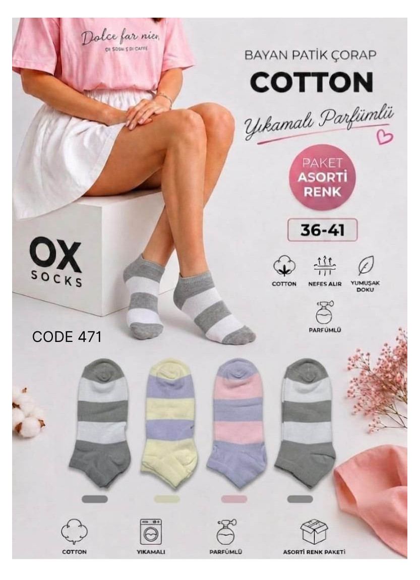 Women’s Cotton Perfumed Ankle Socks (Assorted Colors) (36–41) OX OX CotKsa 471-02 — Turkish factory wholesale
