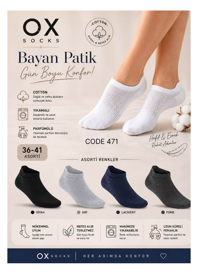 Women’s Cotton Perfumed Ankle Socks (Assorted Colors) (36–41) OX OX CotKsa 471-18 — Turkey wholesale collection