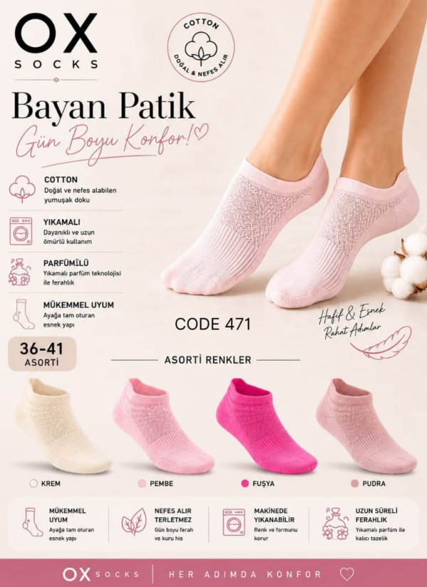 Women’s Cotton Perfumed Ankle Socks (Assorted Colors) (36–41) OX OX CotKsa 471-19 — Turkish factory wholesale