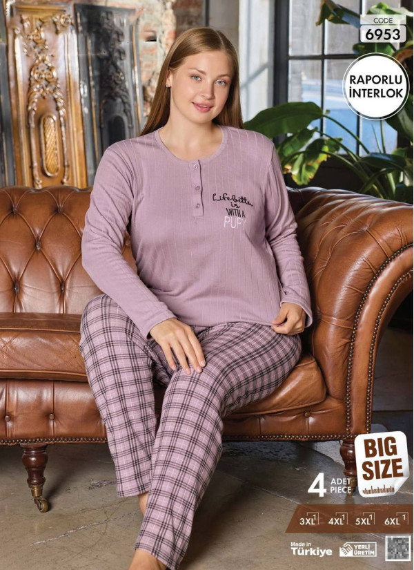 Women's Rapor Interlock Pajama Set (3XL+4XL+5XL+6XL) Raporlu Interlok Pijamo 6953 — Turkish textile wholesale