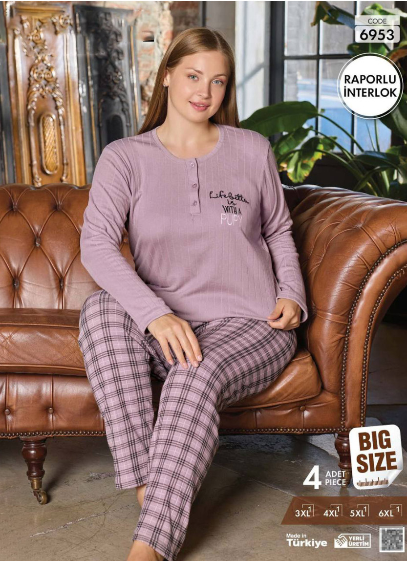 Women's Rapor Interlock Pajama Set (3XL+4XL+5XL+6XL) Raporlu Interlok Pijamo 6953 — Turkish textile wholesale