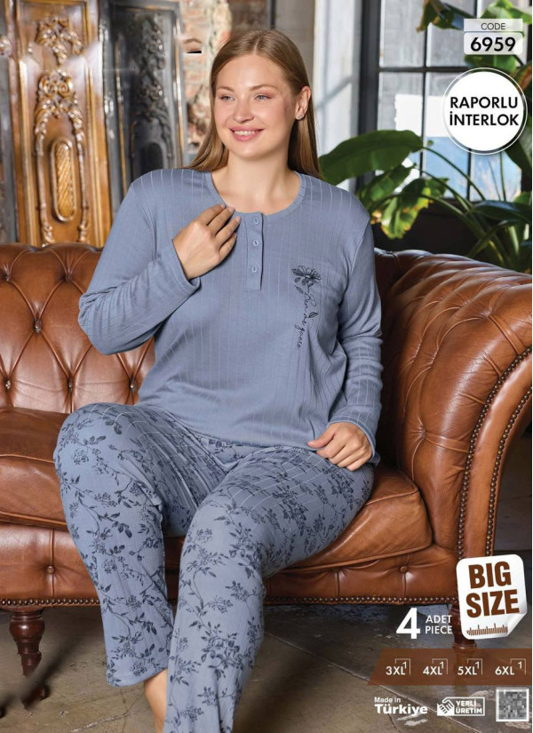 Women's Rapor Interlock Pajama Set (3XL+4XL+5XL+6XL) Raporlu Interlok Pijamo 6959 — direct Turkish factory supply