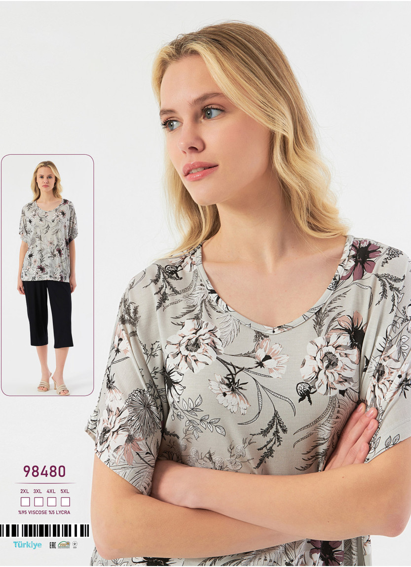 Caroline 98480 women's viscose capri homewear set (2XL+3XL+4XL+5XL) — Turkish textile wholesale