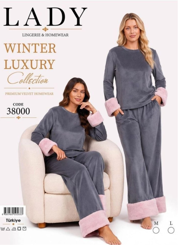 Women’s Velvet Pajama Set with Faux Fur Trim (M+L+XL) Lady