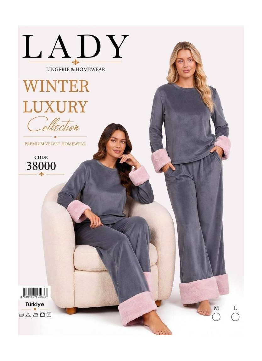 Women’s Velvet Pajama Set with Faux Fur Trim (M+L+XL) Lady