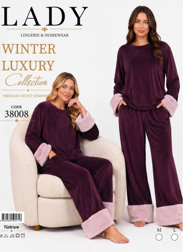 Women’s Velvet Pajama Set with Faux Fur Trim (M+L+XL) Lady