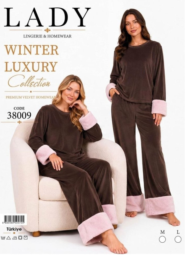 Women’s Velvet Pajama Set with Faux Fur Trim (M+L+XL) Lady