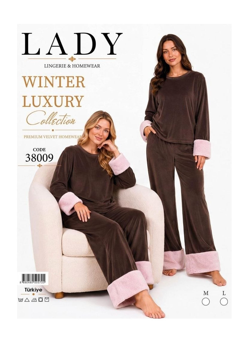 Women’s Velvet Pajama Set with Faux Fur Trim (M+L+XL) Lady