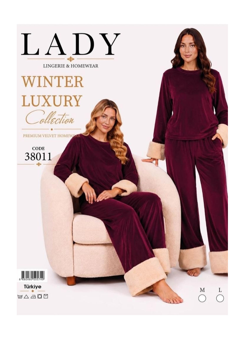 Women’s Velvet Pajama Set with Faux Fur Trim (M+L+XL) Lady