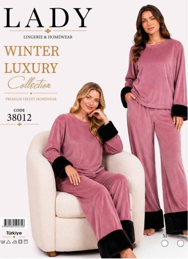 Women’s Velvet Pajama Set with Faux Fur Trim (M+L+XL) Lady