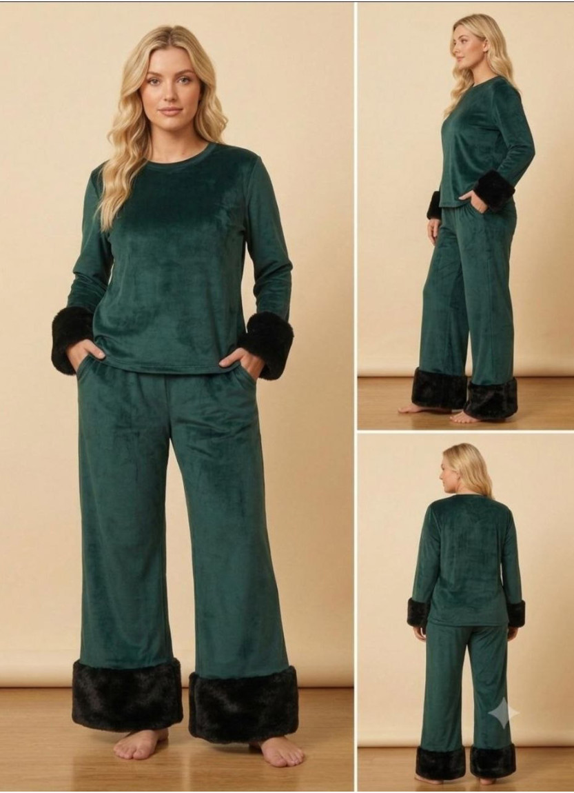 Women’s Velvet Pajama Set with Faux Fur Trim (M+L+XL) Lady