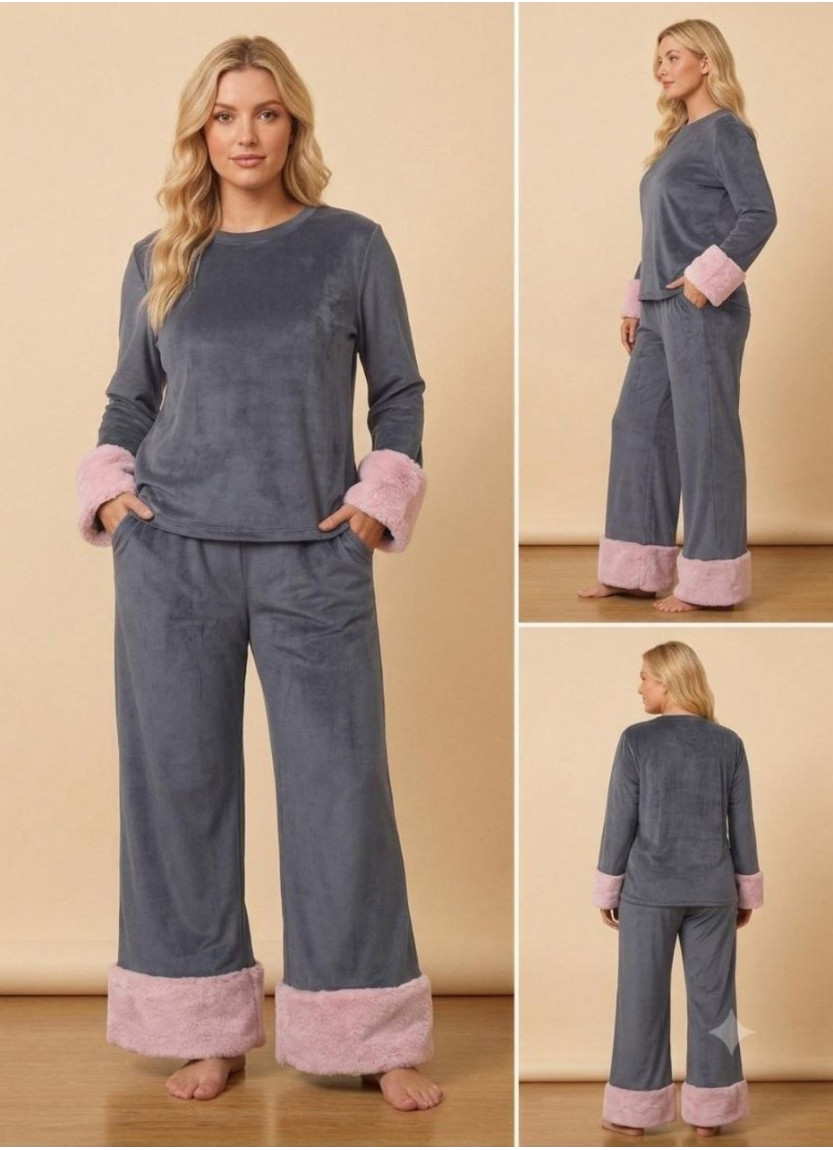Women’s Velvet Pajama Set with Faux Fur Trim (M+L+XL) Lady