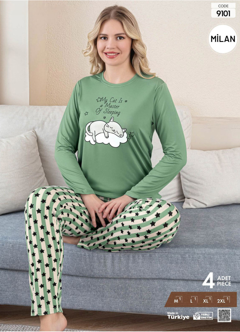 Женский Комплект с Брюками из Ткани Милан с Длинным Рукавом (M+L+XL+2XL) Pijamo 9101