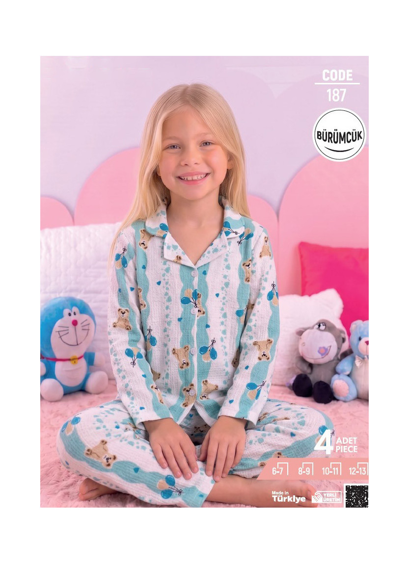 Детская Пижама для Девочки с Длинным Рукавом из Жатой Ткани (6/7+8/9+10/11+12/13) Pijamo 187