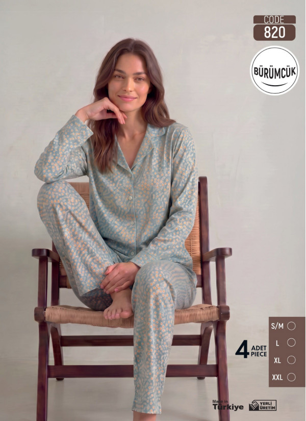 Women's Long-Sleeve Pajama Set with Pants in Crinkle Fabric (S/M+L+XL+2XL) Bürümcük Pijamo 820