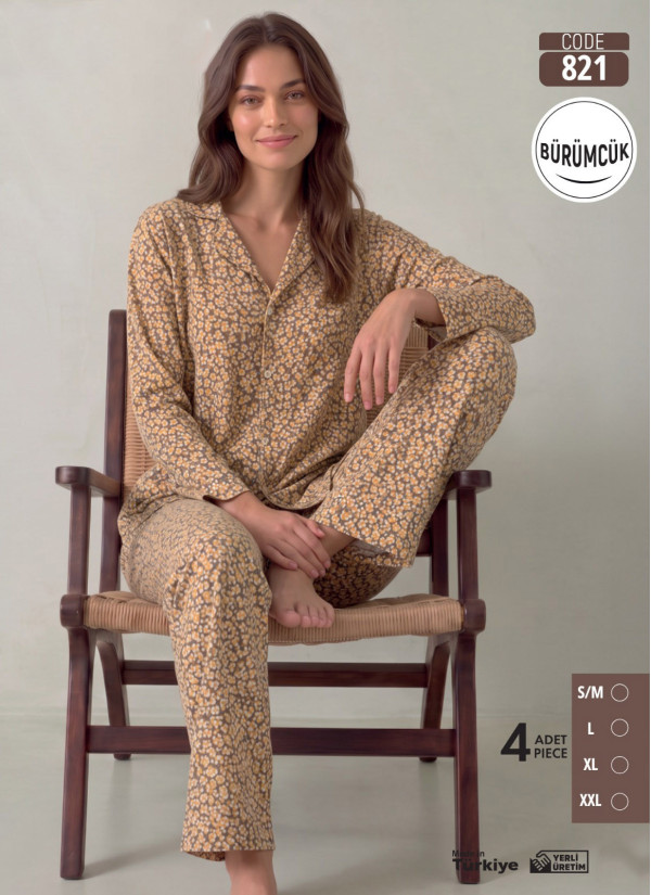 Women's Long-Sleeve Pajama Set with Pants in Crinkle Fabric (S/M+L+XL+2XL) Bürümcük Pijamo 821