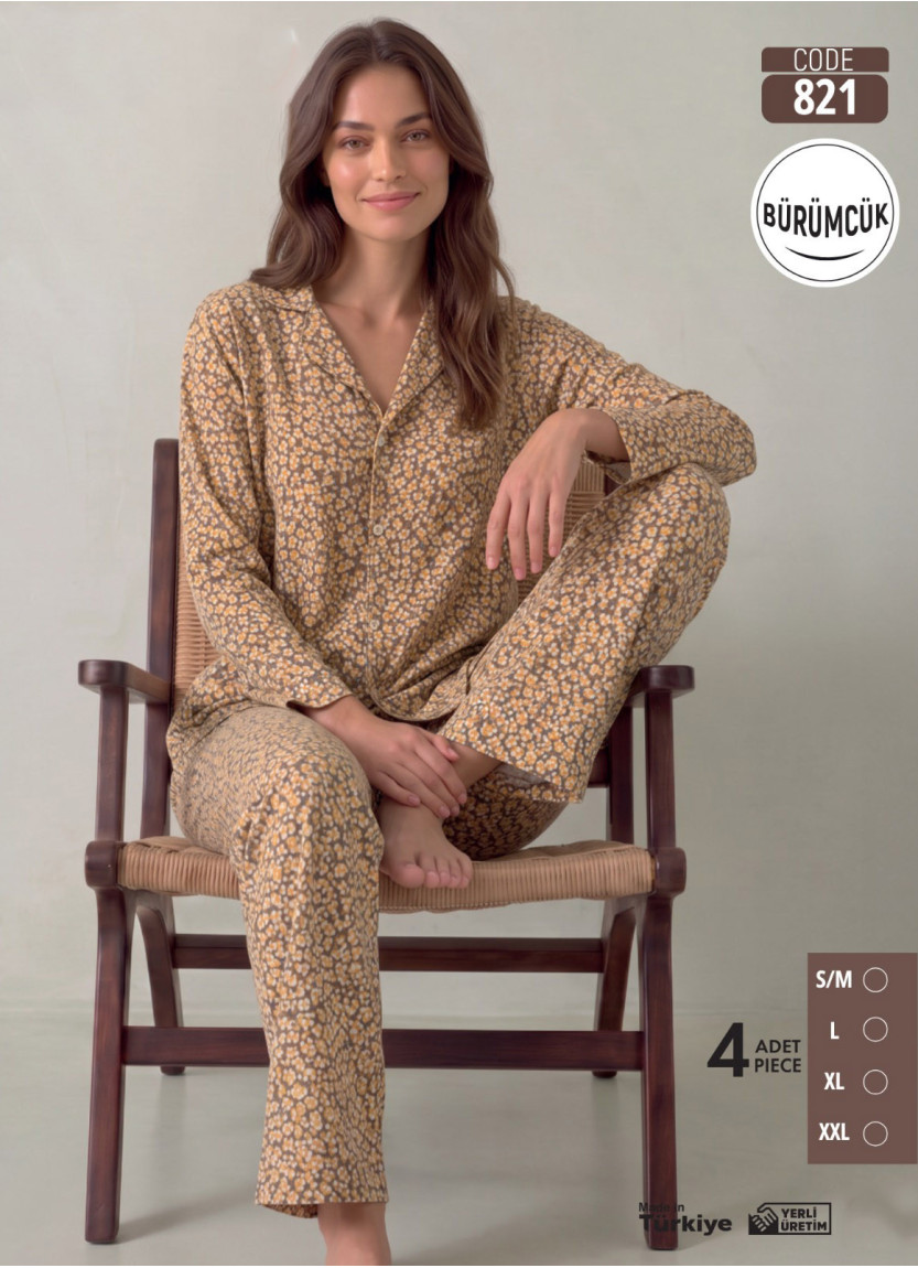 Women's Long-Sleeve Pajama Set with Pants in Crinkle Fabric (S/M+L+XL+2XL) Bürümcük Pijamo 821