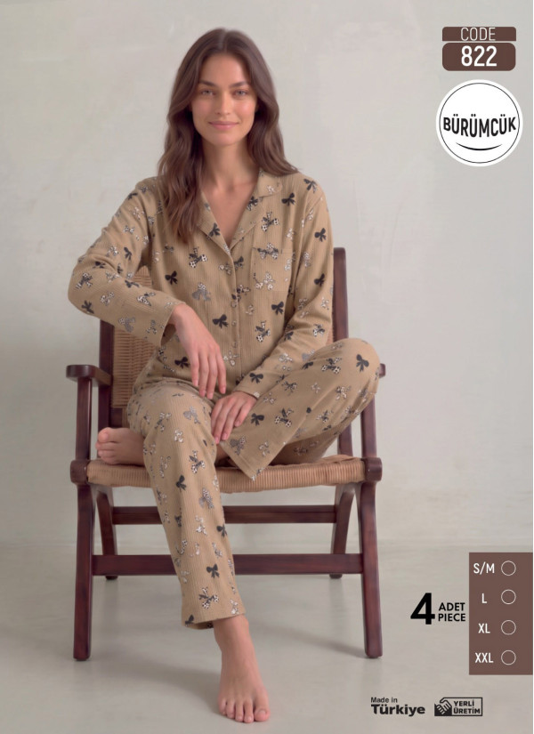 Women's Long-Sleeve Pajama Set with Pants in Crinkle Fabric (S/M+L+XL+2XL) Bürümcük Pijamo 822