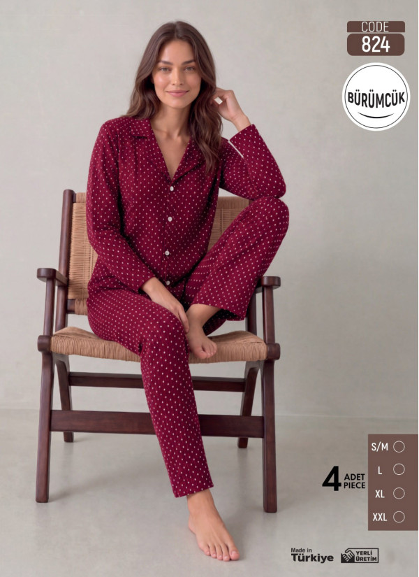 Женская Пижама с Брюками и Длинным Рукавом из Жатой Ткани (S/M+L+XL+2XL) Bürümcük Pijamo 824