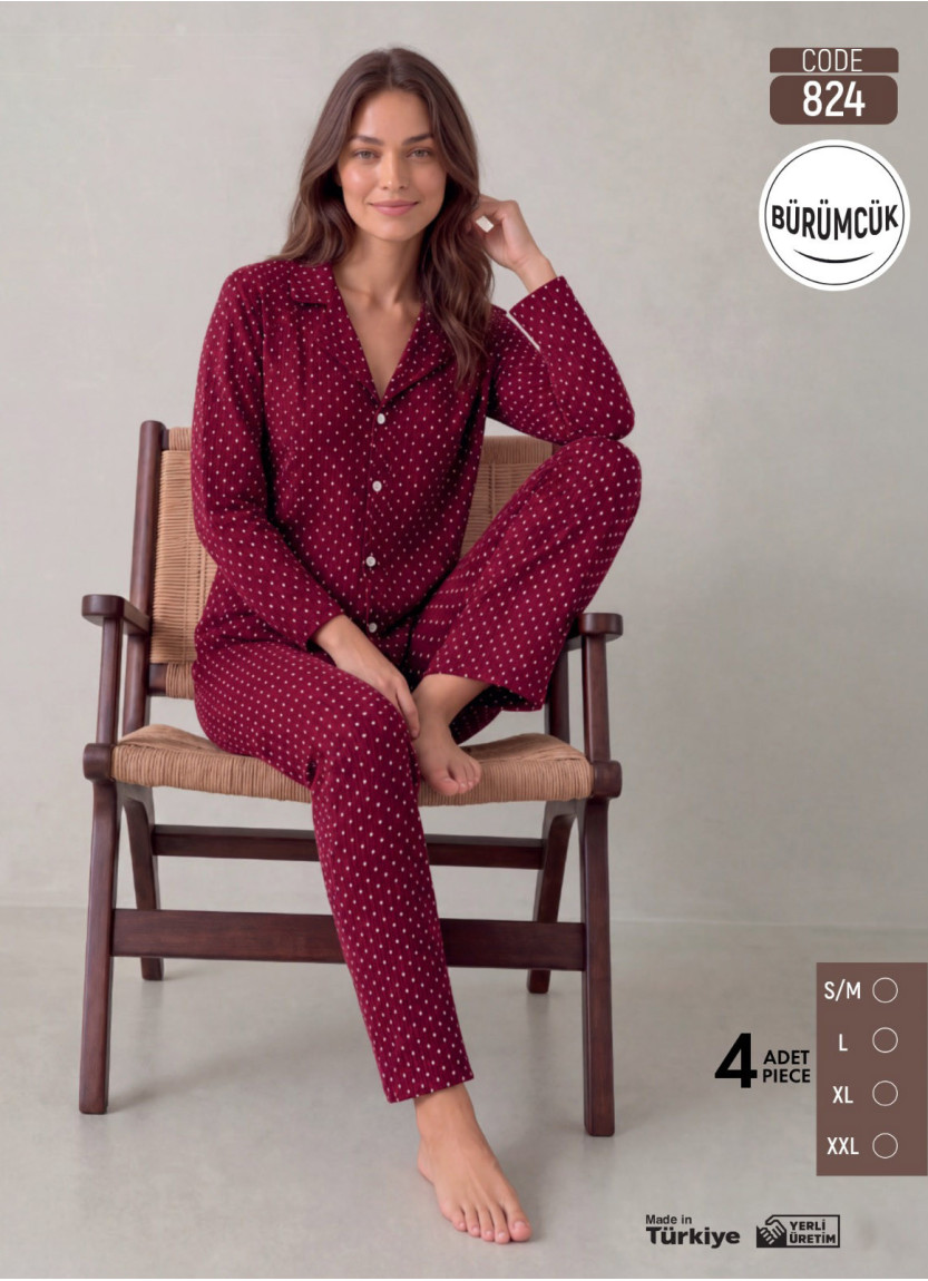 Women's Long-Sleeve Pajama Set with Pants in Crinkle Fabric (S/M+L+XL+2XL) Bürümcük Pijamo 824