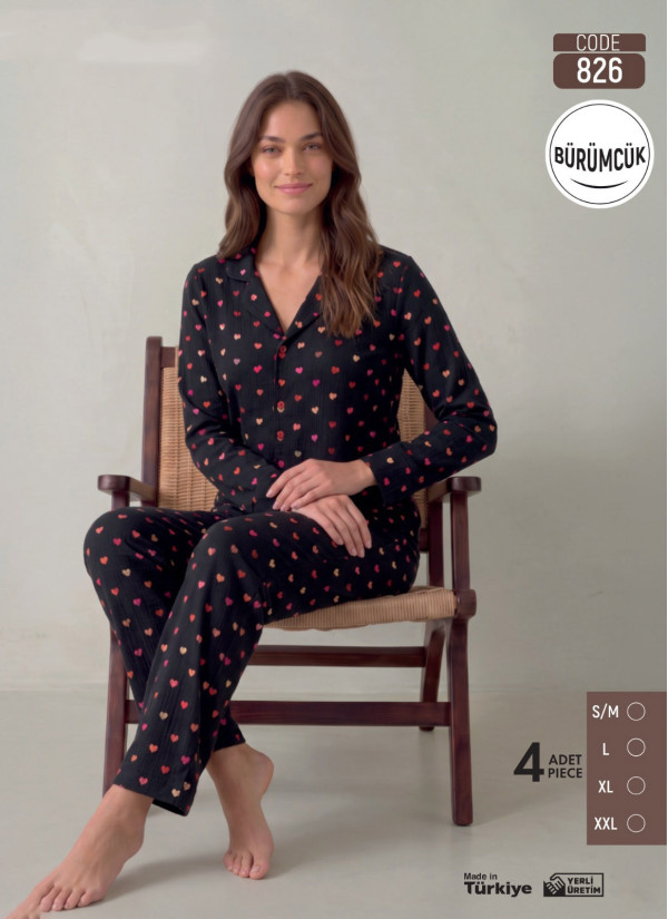 Women's Long-Sleeve Pajama Set with Pants in Crinkle Fabric (S/M+L+XL+2XL) Bürümcük Pijamo 826