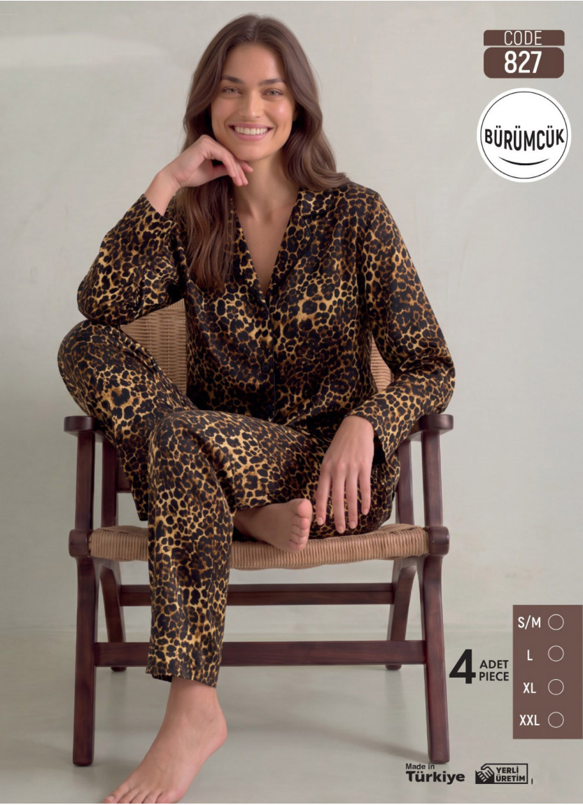 Women's Long-Sleeve Pajama Set with Pants in Crinkle Fabric (S/M+L+XL+2XL) Bürümcük Pijamo 827