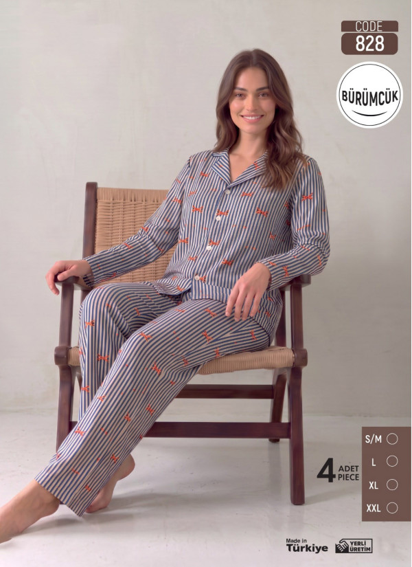 Women's Long-Sleeve Pajama Set with Pants in Crinkle Fabric (S/M+L+XL+2XL) Bürümcük Pijamo 828