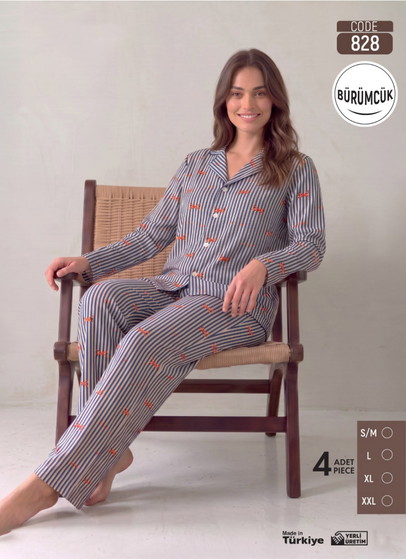 Women's Long-Sleeve Pajama Set with Pants in Crinkle Fabric (S/M+L+XL+2XL) Bürümcük Pijamo 828