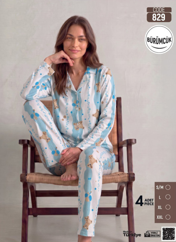 Women's Long-Sleeve Pajama Set with Pants in Crinkle Fabric (S/M+L+XL+2XL) Bürümcük Pijamo 829