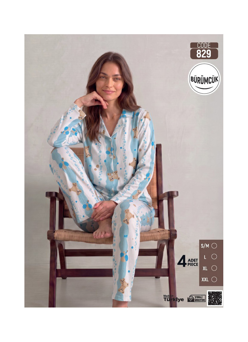 Женская Пижама с Брюками и Длинным Рукавом из Жатой Ткани (S/M+L+XL+2XL) Bürümcük Pijamo 829