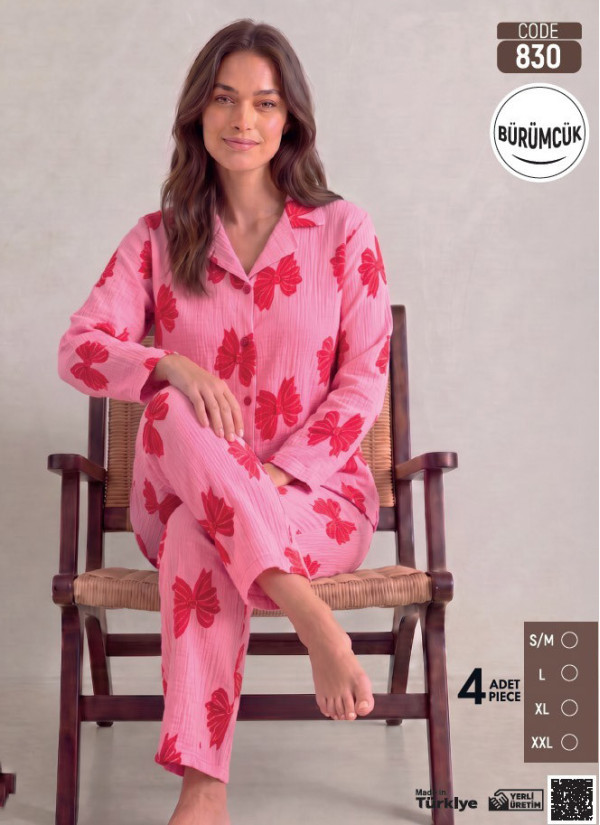 Женская Пижама с Брюками и Длинным Рукавом из Жатой Ткани (S/M+L+XL+2XL) Bürümcük Pijamo 830
